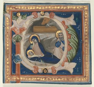 Historyczny inicjał P wycięty z graduału: Narodzenia, c. 1350-1375. autorstwa Lippo Vanni