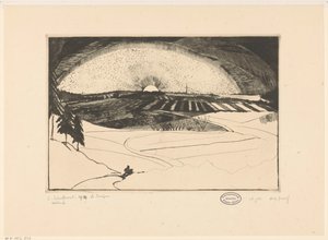 Wschodzące lub zachodzące słońce nad pagórkowatym krajobrazem La Bruyere (oryginalny tytuł na obiekcie) autorstwa Lodewijk Schelfhout (signed by artist)