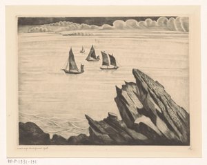 Żaglowce u wybrzeży Breton Un soir en Brittany (tytuł oryginalny) autorstwa Lodewijk Schelfhout (signed by artist)