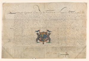 Dyplom, na mocy którego Ludwik XIV podniósł Cornelis Lampsins do stopnia barona Tobago i kawalera Orderu Świętego Michała autorstwa Lodewijk XIV (koning van Frankrijk) (signed by artist)