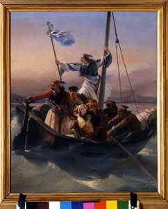 Grecy na statku Alegoria Grecji maszerująca w kierunku niepodległości po dominacji osmańskiej i greckiej wojnie o niepodległość (1821-1830) lub greckiej rewolucji. Obraz Ludovico Lippariniego (1800-1856) 1848 Verone autorstwa Lodovico Lipparini