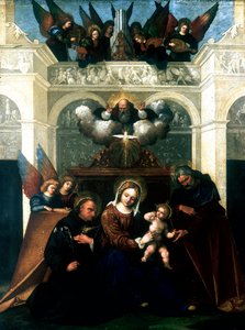 „Święta Rodzina ze św. Mikołajem z Tolentino”, 1515-1530 autorstwa Lodovico Mazzolini