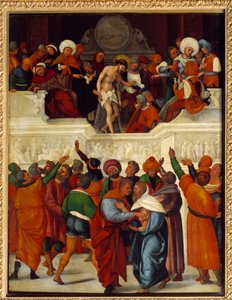 Ecce gay (Oto mężczyzna) (wyrażenie użyte przez Poncjusza Piłata (Pontius Pilatius) w tłumaczeniu Wulgaty ewangelii Jana (19:5), kiedy przedstawia Jezusa pobitemu tłumowi i koronie cierniowej). Obraz na drewnie Ludovico Mazzolino (ok. 1480-około