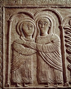 Archeologia średniowiecza (średniowiecze). Sztuka barbarzyńska Lombardii: Nawiedzenie, św. Elżbieta i św. Maria. Rzeźba, sztuka Lombardzka, 737-744. Cividale del Friuli, Muzeum Chretien, skarb katedry