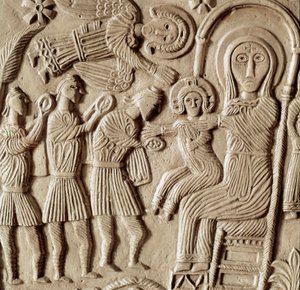 Archeologia średniowiecza (średniowiecze). Sztuka barbarzyńska Lombardii: adoracja Trzech Króli, płaskorzeźba ołtarza księcia Rachisa. Rzeźba, sztuka Lombardzka, 737-744. Cividale del Friuli, Muzeum Chretien, skarb katedry