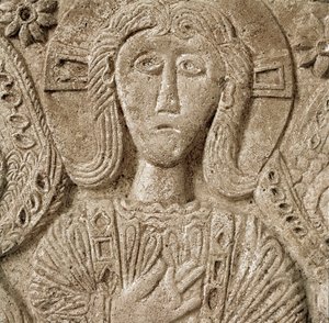 Archeologia średniowiecza (średniowiecze). Sztuka barbarzyńska Lombardii: detal Chrystusa, płaskorzeźba ołtarza księcia Rachisa. Rzeźba, sztuka Lombardzka, 737-744. Cividale del Friuli, Muzeum Chretien, skarb katedry