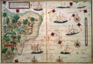 Mapa hydrograficzna Brazylii - Rękopis uzupełniony „Portugalskim atlasem morskim” autorstwa kartografa Loppo Homema 1519 Paryż. B.N. - Mapa hydrograficzna Brazylii - Z iluminowanego rękopisu „Angielski atlas morski” Loppo Homema (XVI wiek) autorstwa Lopo Homem