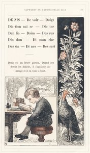 Denis, Obowiązek, Palec, Słownik, Dicter, Dalia, Zamsz, Top, Indyk, Niedziela, Rysunek, Obiad, Deser, strona 17 - Alfabet autorstwa Mademoiselle Lili, L. Froelicha i taty (samego Hetzela). Bibliotheque  Magasin d