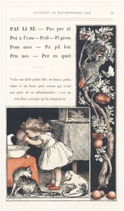 Pauline, Clean, Water Pot, Hair, Pigeon, Apples, Butterfly, Plums, Parrot, strona 29 - Alphabet by Mademoiselle Lili, by L. Froelich and by a dad (Hetzel himself). Bibliotheque  Magasin d