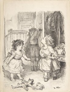 Trzy małe dziewczynki w pokoju kłócą się i plują, 1835-1903.