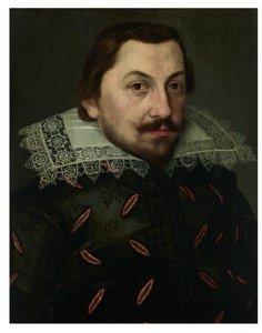 Portret mężczyzny w popiersiu, w czarnym jedwabnym dublecie z koronkowym stojącym kołnierzem Puntonari.