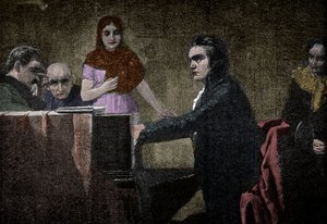 Ludwig van Beethoven gra Sonatę Moonlight - rycina wg Lorenza Vogla - Ludwig van Beethoven (1770-1827), niemiecki muzyk grający sonatę UT-moll (Moonlight - Moonlight) według obrazu Lorenza Vogla (1846-1902) autorstwa Lorenz Vogel