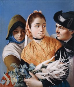 Dziewczyna w pomarańczowym szalu trzymająca rzepę, Dziewczyna w zielonym czepku i sukience oraz dżentelmen w czarnym kapeluszu Tricorn,