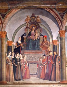 Madonna z Dzieciątkiem z aniołami, autorstwa Lorenzo Costa (ok. 1537-1583), kaplica Bentivoglio w kościele San Giacomo Maggiore, Bolonia, Włochy autorstwa Lorenzo Costa