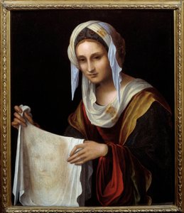 Święta Weronika. Święty Welon przedstawia oblicze Chrystusa, którego pot podobno pociła się Weronika podczas wspinaczki na Kalwarię. Obraz Lorenzo Costa (1460-1535) Nd. 0,64x0,54m²