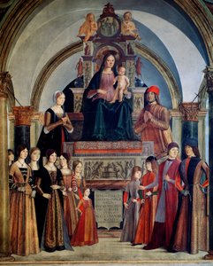 Dziewica z Bentivoglio Dziewica ma dziecko otoczone przez członków rodziny Bentivoglio. Obraz Lorenzo Costa (1460-1535) 1488 Bolonia, kościół San Giacomo Maggiore