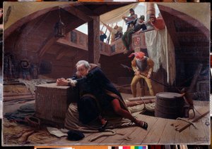 Odkrywca i nawigator Krzysztof Kolumb (Christopher Columbus, Cristoforo Colombo, Cristobal Colon) (1451-1506) powracający z trzeciego rejsu jest przykuty w ładowni