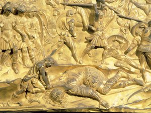 Dawid i Goliat, detal z oryginalnego panelu z wschodnich drzwi baptysterium, 1425-52 (brąz pozłacany) (po renowacji)