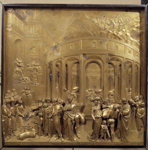 Historia życia Józefa. Zbiór pszenicy: chłopi przynoszą worki zboża. Oryginalny znak Bramy Niebios autorstwa Lorenzo Ghiberti