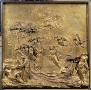 Historia życia Adama: narodziny Adama, stworzenie Ewy i Adama i Ewa poluje z Raju. Oryginalny panel drzwi Raju autorstwa Lorenzo Ghiberti