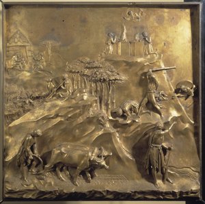 Życie Kaina i Abla: ofiara, zabójstwo Abla i wygnanie Kaina przez Boga. Oryginalny panel drzwi Paradise autorstwa Lorenzo Ghiberti