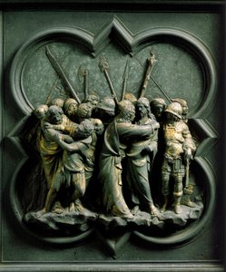 Brama Północna (na północy zwana Bramą Krzyża), detal zewnętrzny: „Pocałunek Judasza” Rzeźba z brązu wykonana przez Lorenzo Ghiberti (1378-1455) autorstwa Lorenzo Ghiberti