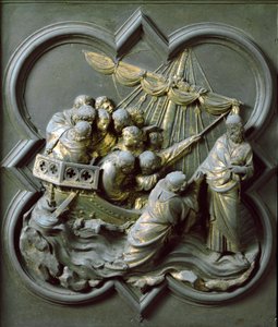 Brama Północna (od północy zwana Bramą Krzyża), detal zewnętrzny: Chrystus kroczący po wodzie. Rzeźba z brązu wykonana przez Lorenzo Ghiberti (1378-1455) autorstwa Lorenzo Ghiberti