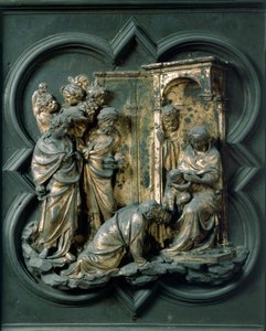 Porta Północna (zwana Bramą Krzyżową od strony północnej), detal zewnętrzny: Pokłon Trzech Króli. Rzeźba z brązu wykonana przez Lorenzo Ghiberti (1378-1455) autorstwa Lorenzo Ghiberti