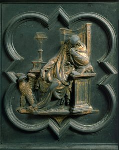 Porta Północna (zwana Bramą Krzyżową, od strony północnej), detal zewnętrzny: Św. Jan Ewangelista. Rzeźba z brązu wykonana przez Lorenzo Ghiberti (1378-1455) autorstwa Lorenzo Ghiberti