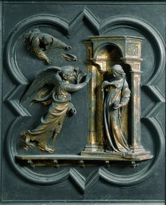 Porta Północna (zwana Bramą Krzyżową od strony północnej), detal zewnętrzny: Zwiastowanie. Rzeźba z brązu wykonana przez Lorenzo Ghiberti (1378-1455) autorstwa Lorenzo Ghiberti