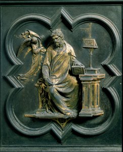 Porte Północnej (zwanej Porte de la Croix, na północy), detal zewnętrzny: Saint Mathieu. Rzeźba z brązu wykonana przez Lorenzo Ghiberti (1378-1455) autorstwa Lorenzo Ghiberti