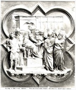Poncjusz Piłat myjący ręce, płaskorzeźba z drzwi baptysterium, ok. 1403 (złocony brąz) (zdjęcie czarno-białe) autorstwa Lorenzo Ghiberti