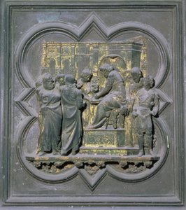 Poncjusz Piłat myjący ręce przed Chrystusem, szesnasty panel drzwi północnych baptysterium San Giovanni, 1403-24 (brąz)