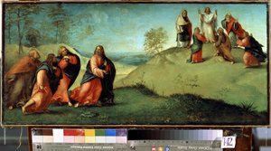 Chrystus prowadzący apostołów na górę Tabor. Miejsce przemienienia Chrystusa znajdujące się w Izraelu. Obraz Lorenzo Lotto (1480-1556) autorstwa Lorenzo Lotto