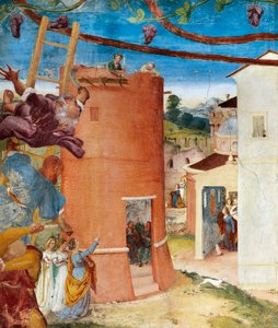 Św. Barbara w wieży, fragment z Christ-Vine i Legenda o św. Barbarze autorstwa Lorenzo Lotto (ok. 1480 - 1556), fresk, detal, Villa Suardi, Capella Suardi, Trescore Balneario autorstwa Lorenzo Lotto
