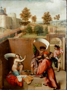 Suzanne w wannie lub „Suzanne i starsi”. Postacie dzierżą fikaktery lub są napisane ich teksty. Obraz Lorenzo Lotto (1480-1556) 1517. Galleria degli Uffizi (Biura) Florencja
