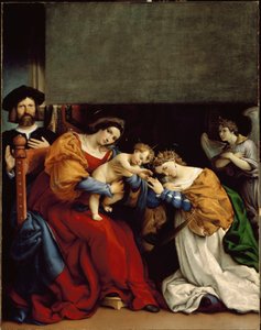 Mistyczne zaślubiny św. Katarzyny Mistyczne zaślubiny św. Katarzyny Aleksandryjskiej” Po lewej Niccolo Bonghi, gospodarz malarza. Obraz Lorenzo Lotto (ok. 1480-1556) 1523 wym. 189 x 134 cm Bergamo, Accademia Carrara autorstwa Lorenzo Lotto