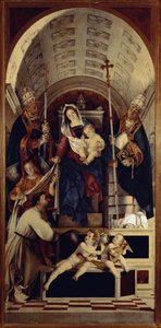 Dziewica z Dzieciątkiem ze św. Dominiką, św. Grzegorzem i św. Urbanem - Centralna część poliptyku Recanati (1508, olej na desce) autorstwa Lorenzo Lotto