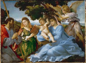 Dziewica z Dzieciątkiem ze świętą Katarzyną Aleksandryjską i świętym Jakubem Starszym (obraz na płótnie) autorstwa Lorenzo Lotto