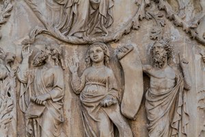 Prorocy, detal z drzewa Jessego i proroctwa mesjańskie, Stories of Genesis, płaskorzeźby Lorenzo Maitani (przed 1275-1330), drugi filar, fasada katedry w Orvieto, Umbria, Włochy