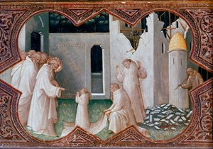 Ołtarz koronacyjny Matki Boskiej: „Święty Benedykt z Nursji wskrzesza mnicha” Detrempe na drewnie – Piero di Giovanni dit Lorenzo Monaco (1370-1424) 1413 Florencja, galeria Uffizi autorstwa Lorenzo Monaco