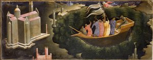 Przedstawienie św. Mikołaja uspokajającego Tempete Nicolas de Myra (lub Nicolas de Bari) ratującego łódź przed zatonięciem. Obraz na drewnie Lorenzo Monaco (ok. 1370-ok. 1423/1424) Florencja, Galleria del 