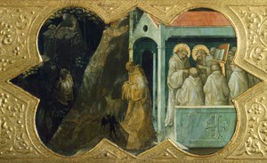 Św. Benedykt kuszony przez diabła i św. Bernardino na konsystorzu, fragment predelli Koronacji Marii Panny autorstwa Lorenzo Monaco (1370-1423), tempera na desce, 450x350 cm, Poliptyk do ołtarza głównego klasztoru Santa Maria degli Angeli we Florencji autorstwa Lorenzo Monaco
