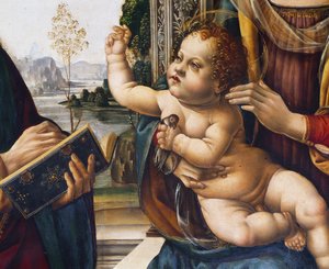 Dzieciątko Jezus, fragment obrazu Madonna z Dzieciątkiem i świętymi autorstwa Lorenzo di Credi