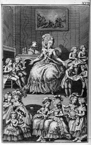 Ilustracja Louisa Bineta (1744-1800) do książki Nicolasa Edme Restifa de La Bretonne „”Les Parisiennes”” lub XL General Characters Taken in the Modern Moors, nadająca się do służenia l’instrukcji des Person-du-Sexe, zaczerpnięte ze wspomnień nowego Lycee d