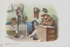 Koty w klasie: nauczyciel drzemie, więc uczniowie źle się zachowują (chromolitho) autorstwa Louis (after) Wain