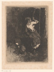 Kobieta pobiera wodę ze studni, obok niej siedzi dziecko autorstwa Louis Adolphe Hervier (attributed to)