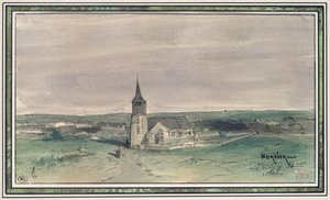 Kościół i wieś na środku pola, Montigny, 1866 (pióro i atrament i toaleta na papierze)