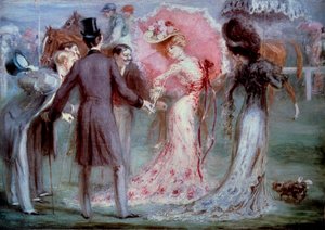 Dobry czas: „Ważenie” Mężczyźni badający młode kobiety z naciskiem na wyścigi konne. Obraz Louisa Anquetina (1861-1932), kolekcja prywatna XX wieku autorstwa Louis Anquetin