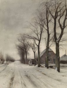 Winterlandschaft mit Bauernhof an einer Allee (Zimowy krajobraz z farmą na alei)
